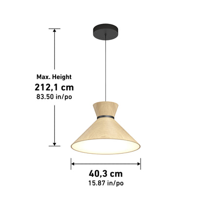 The Artika Inoa LED pendant light 5 CCT features a wooden conical shade, black ceiling mount, and cable. Max hanging height: 212.1 cm (83.5 in); shade diameter: 40.3 cm (15.87 in).