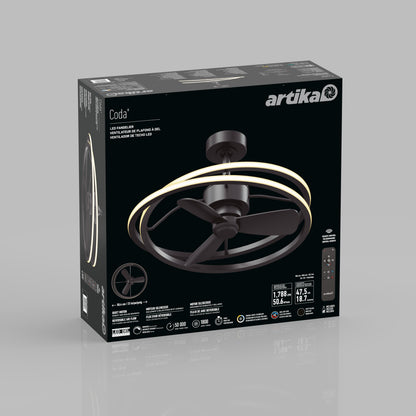 Artika Coda 23 in. LED modern ceiling fan box showcases a sleek black fandelier with circular LED light, remote control included, and key features displayed on a stylish black background.