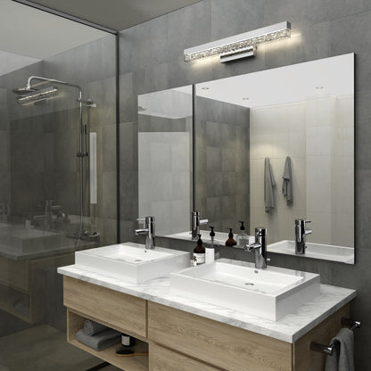 Modern bath with double sinks, marble top, wood cabinets, and Artika Riviera 27-in LED vanity light above a large mirror.