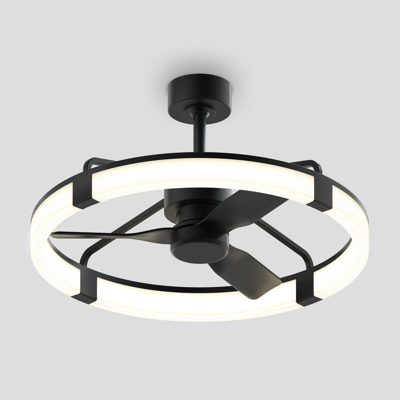 The Artika Sunnyvale 28 in. LED modern ceiling fan features three black blades within a circular LED light ring, set against a plain light gray background. Its sleek, contemporary design includes a remote for easy control.