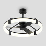A modern ceiling fan with three black blades and a circular LED light ring, mounted on a short black rod against a plain gray background.