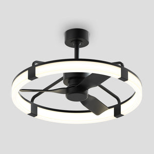 The Artika Sunnyvale 28 in. LED modern ceiling fan features three black blades and a circular adjustable lighting LED ring, and is mounted on a plain light gray ceiling. Includes remote control.