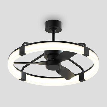 The Artika Sunnyvale 28 in. LED modern ceiling fan features three black blades and a circular adjustable lighting LED ring, and is mounted on a plain light gray ceiling. Includes remote control.