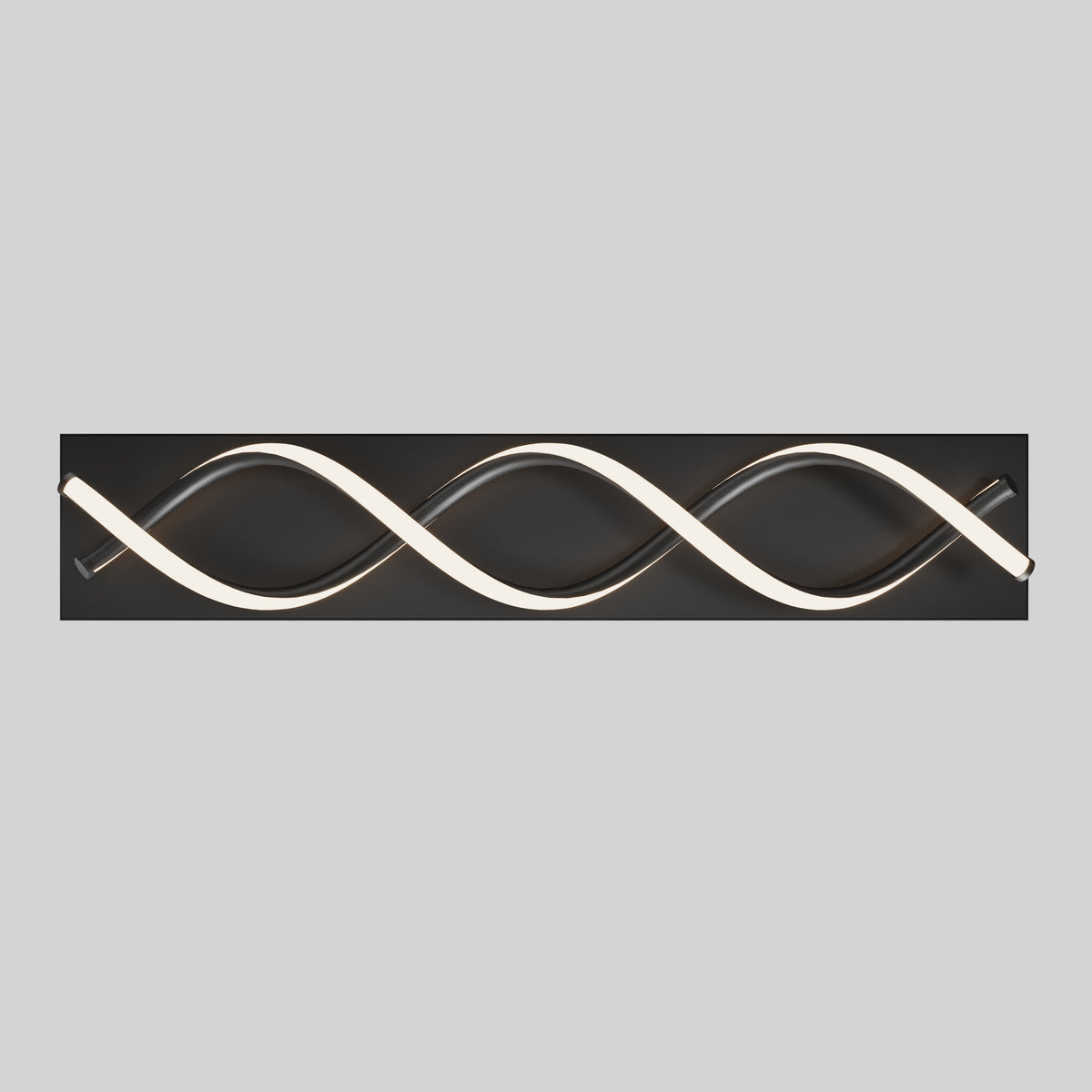 A modern wall light fixture with two intertwined, wave-like LED tubes mounted on a rectangular black base, set against a plain light gray background.