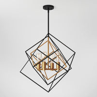 The Artika Harmonium modern mid-century pendant light showcases intersecting black metal geometric frames with gold accents, four exposed bulbs, and a black ceiling mount, shown against a white background.