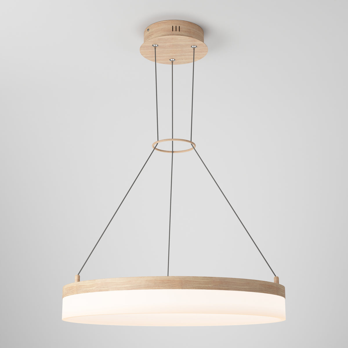 The Artika Optical LED pendant light 3 CCT is a minimalist ceiling fixture featuring a circular wooden frame, three slim black cables, and a white diffused LED panel suspended from a wood-finished mount.