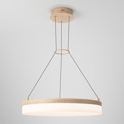 The Artika Optical LED pendant light 3 CCT features a modern round wooden frame, four slim black suspension cables, a white diffuser, and a light wood ceiling mount—all set against a plain white background.