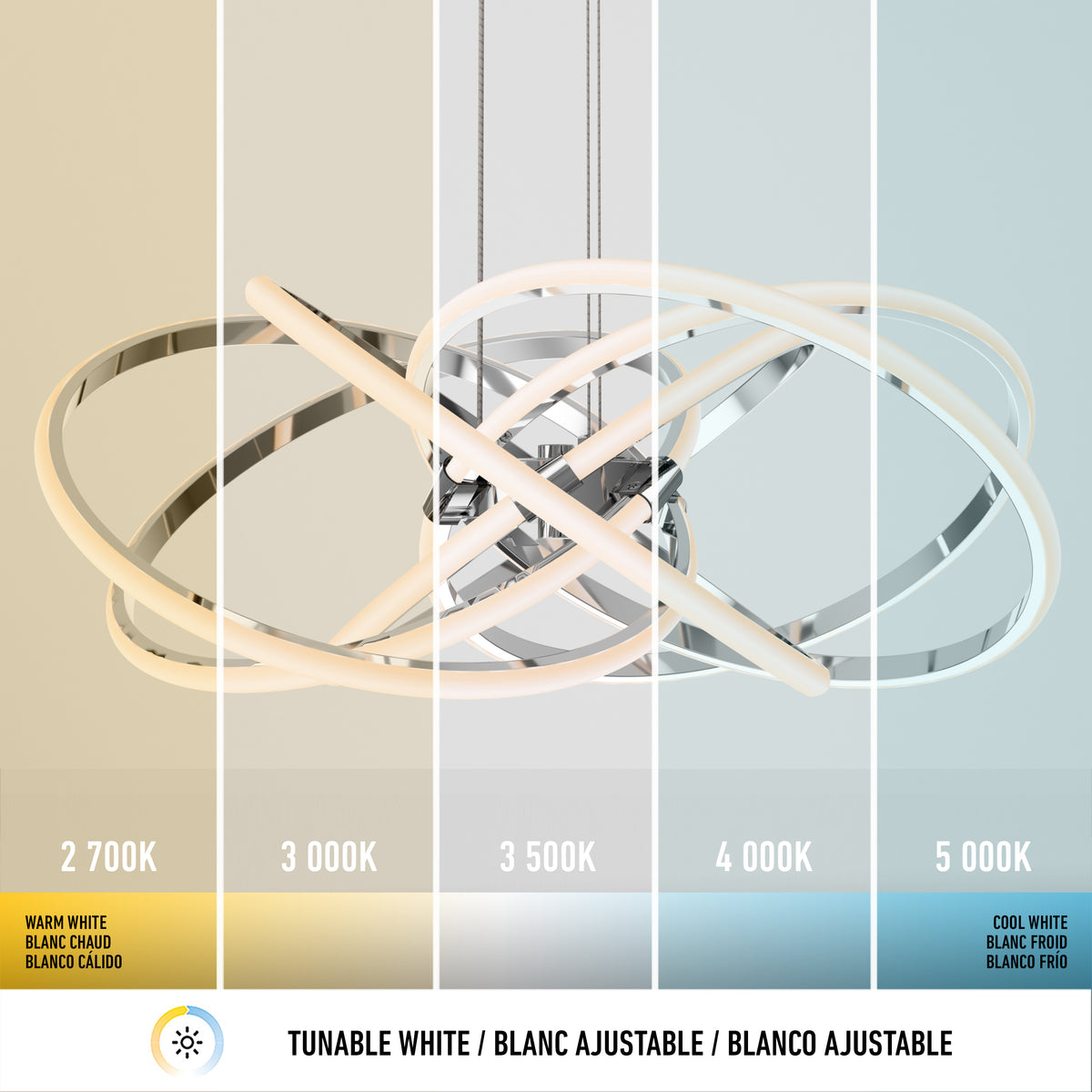 The Artika Maelstrom modern LED pendant light 5 CCT is displayed under five color temperatures (2,700K–5,000K), showing tunable white effects from warm to cool white.