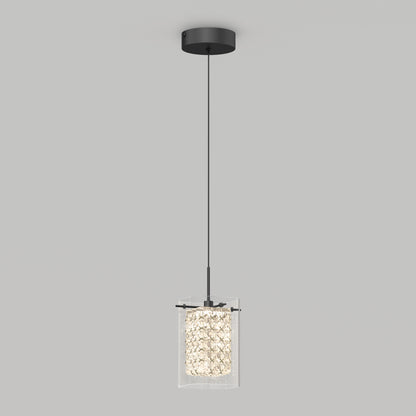 The Artika Crystal Cube 1-light LED pendant light features a modern design with a black ceiling mount and cord, plus a cylindrical glass shade filled with textured crystals that gently diffuse the light.