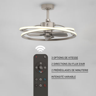 Artika Coda 23" LED ceiling fan with remote: French text details tunable colour, speed, and dimmable intensity.