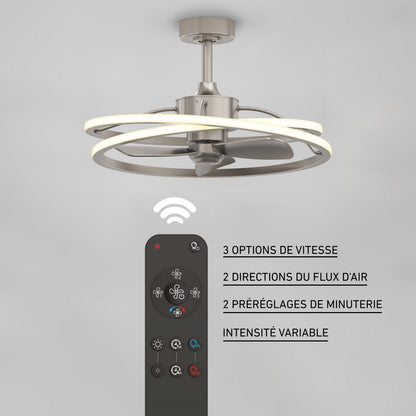 The Artika Coda 23 in. LED modern ceiling fan features circular LED light rings, remote control, 3 speed options, reversible airflow, 2 timer presets, and adjustable brightness; product info shown in French.