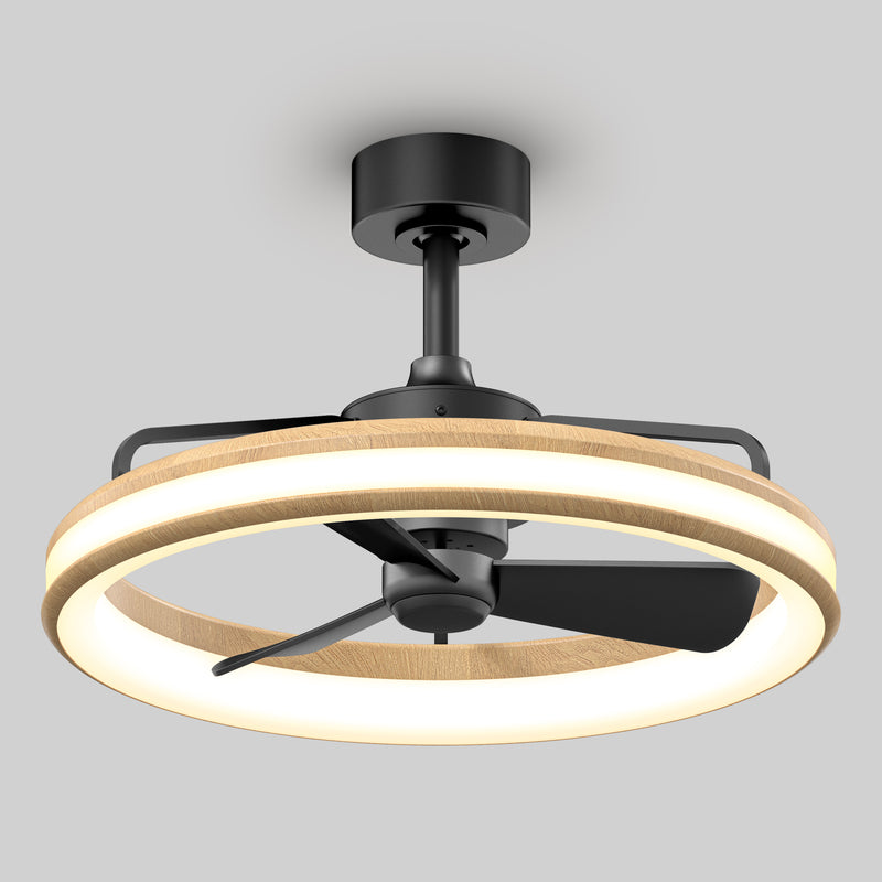 The Artika Lugano 23 in. LED modern ceiling fan features three black blades and a circular wooden LED light ring, all mounted on a sleek black fixture. Includes remote control.