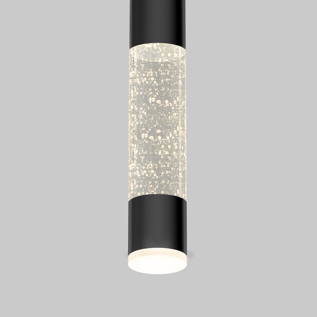 The Artika Mist LED pendant light features black ends and a central section filled with illuminated bubbles, showcased against a plain light gray background.