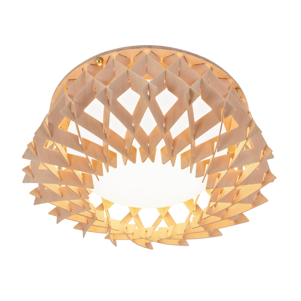 A modern ceiling light fixture with a geometric, lattice-patterned wooden shade, featuring overlapping diamond shapes and a warm, diffused glow from the bulb inside.