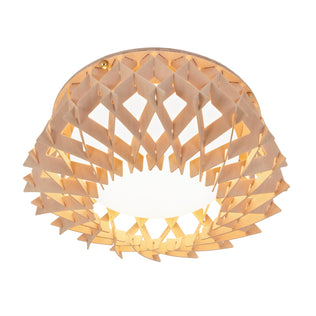 The Artika Kiran 13 in. modern LED flush mount light features a geometric lattice wooden shade around a round, white diffused light source and offers 5 selectable color temperatures (CCT).