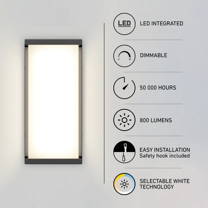The Faro modern LED indoor-outdoor wall light by Artika glows on a white wall, with six icons highlighting its LED integration, dimming capability, 50,000-hour lifespan, 800 lumens, easy installation, and selectable white (3 CCT) technology.