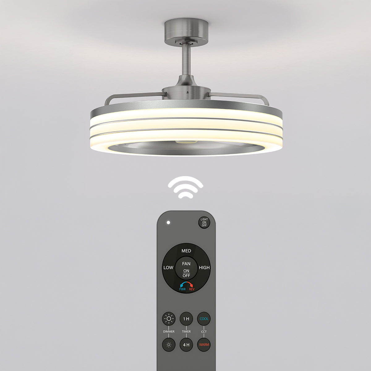 A modern ceiling fan with integrated LED light is mounted on the ceiling. A remote control with multiple buttons is pointed at the fan, and a wireless signal icon is shown between them.