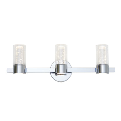 The Artika Novello modern LED bathroom vanity light features three cylindrical, bubble-textured glass shades on a chrome horizontal bar with a round backplate.