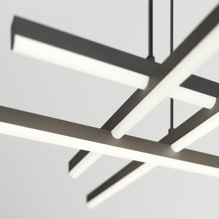 Close-up of the Artika Grid LED pendant light, featuring intersecting horizontal LED bars suspended by slim rods against a plain, light-colored background.