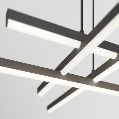 Close-up of the Artika Grid LED pendant light, featuring intersecting horizontal LED bars suspended by slim rods against a plain, light-colored background.