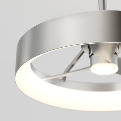 Close-up of a modern, circular metallic ceiling light fixture with a frosted ring emitting a soft, even white glow, set against a neutral background.