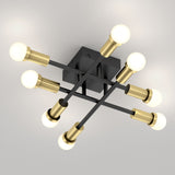 A modern ceiling light fixture with six exposed round bulbs, arranged on intersecting black rods with gold-colored sockets, mounted on a square black base against a light-colored ceiling.