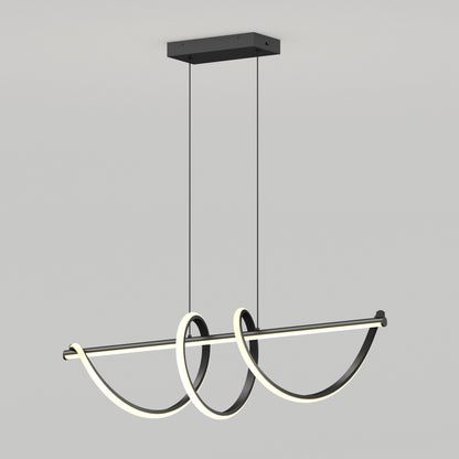 The Artika Coda modern LED pendant light 5 CCT features a black rectangular ceiling mount and dual curved black rods with integrated LEDs, creating elegant wave-like loops, suspended by slim cables for a sleek contemporary look.