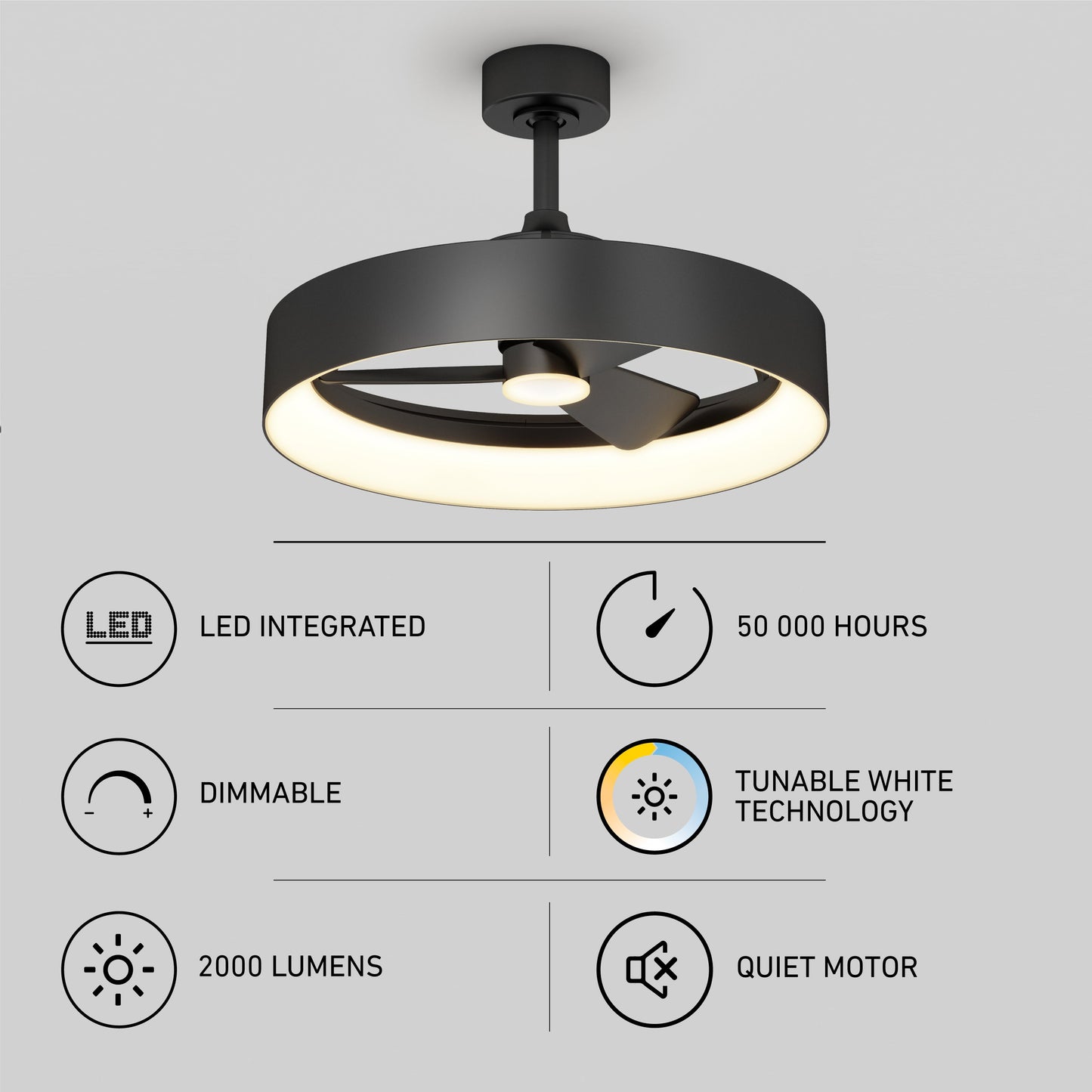 The Austin 23 in. LED modern ceiling fan by Artika-CAN-dev features an integrated dimmable LED (2000 lumens, 50,000-hour lifespan), tunable white technology, quiet motor, and comes with a remote.