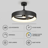 A modern black ceiling fan with a built-in LED light, shown with icons and text highlighting features: LED integrated, dimmable, 2000 lumens, 50,000 hours, tunable white technology, and a quiet motor.