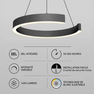 Vance modern LED pendant light 3 CCT, a black circular fixture with 1600 lumens, dimmable white light, and a 50k-hour lifespan.