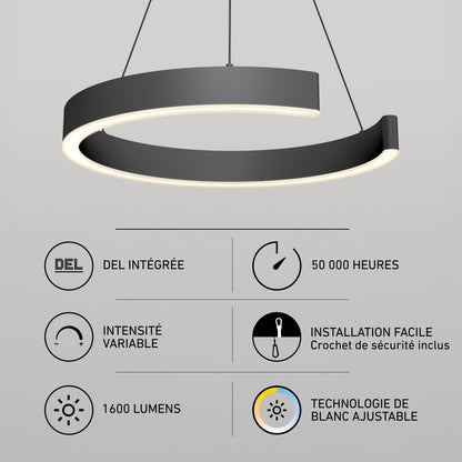 Vance modern LED pendant light 3 CCT, a black circular fixture with 1600 lumens, dimmable white light, and a 50k-hour lifespan.