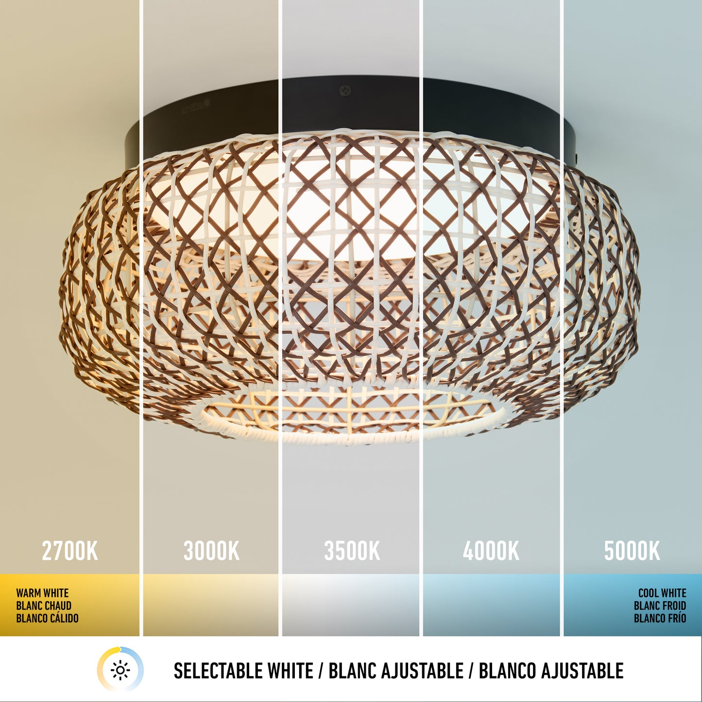 The Artika Benson 15 in. LED flush mount light is shown under five color temperatures—2700K, 3000K, 3500K, 4000K, and 5000K—shifting from warm yellow to cool blue-white illumination.
