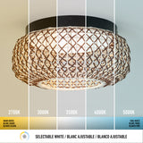 A woven rattan ceiling light fixture is shown under five different white light color temperatures, ranging from warm white (2700K) on the left to cool white (5000K) on the right, with labels and a selectable white icon below.