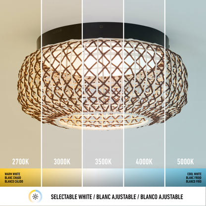 The Artika Benson 15 in. LED flush mount light is shown under five color temperatures—2700K, 3000K, 3500K, 4000K, and 5000K—shifting from warm yellow to cool blue-white illumination.