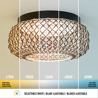 The Artika Benson 15 in. LED flush mount light is shown with its woven rattan shade under five color temperatures (2700K, 3000K, 3500K, 4000K, and 5000K), displaying a unique lighting tone at each setting.