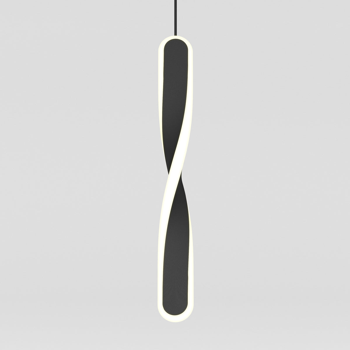 A modern, vertically hanging pendant light with a black, twisted shape outlined by a continuous, glowing white LED edge against a plain gray background.