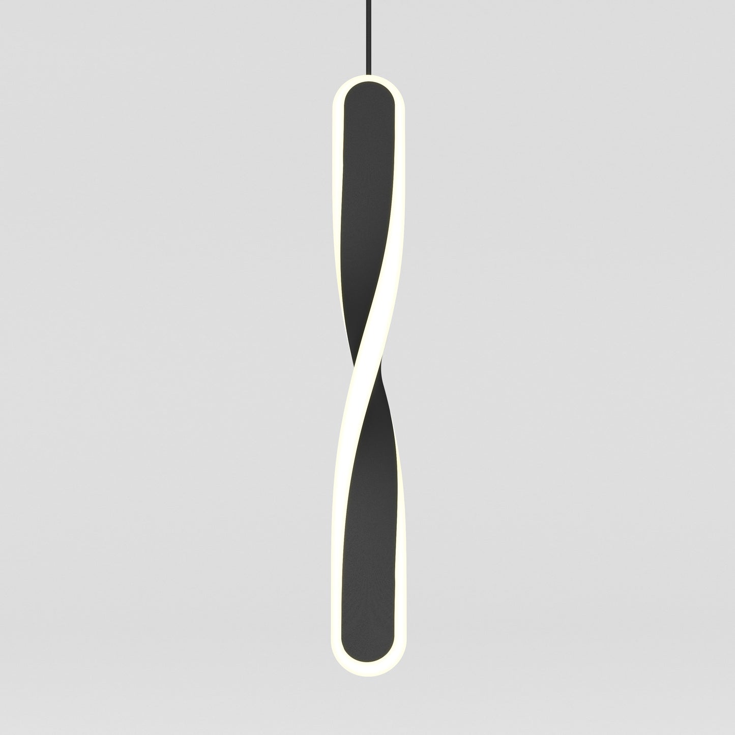 The Artika Finley modern LED pendant light 5 CCT features a sleek twisted black design highlighted by a glowing white outline, suspended on a thin black cord against a plain light gray background.