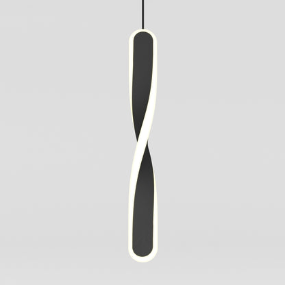 The Artika Finley modern LED pendant light 5 CCT features a sleek twisted black design highlighted by a glowing white outline, suspended on a thin black cord against a plain light gray background.
