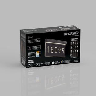 The Artika Bowen modern LED outdoor address wall light 5 CCT package shows a black illuminated house number sign (18095), includes number stickers, and displays key features in white text and icons.