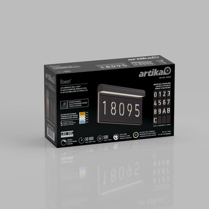 The Artika Bowen modern LED outdoor address wall light 5 CCT package shows a black illuminated house number sign (18095), includes number stickers, and displays key features in white text and icons.