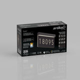 A box for the Artika Boweni LED address sign kit, showing an illuminated house number example 18095, features and contents, including numbers and letters for customization, on a gray background.