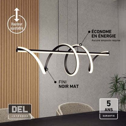 Artika Coda modern LED pendant light, 5 CCT, matte black, dimmable, height adjustable, perfect for kitchen islands. 5-year warranty.