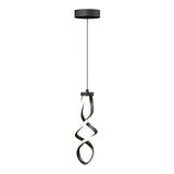 A modern black pendant light with a twisted, ribbon-like LED design hanging from a thin cord and circular ceiling mount.