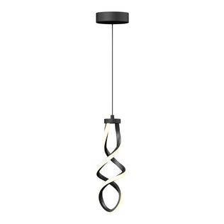 The Artika Mini Swirl LED pendant light features a sleek, modern look with a black circular ceiling mount and a vertically hanging twisted ribbon design in black and white.