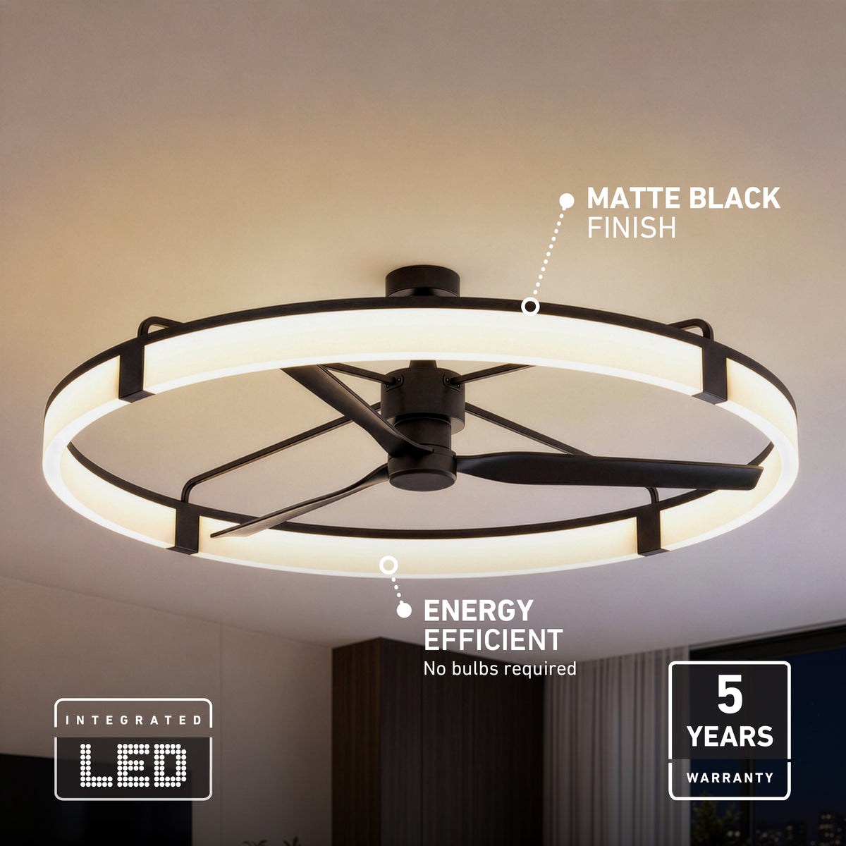 Artika Sunnyvale 52 in. LED ceiling fan, matte black, circular light, energy efficient, remote included, 5-year warranty.