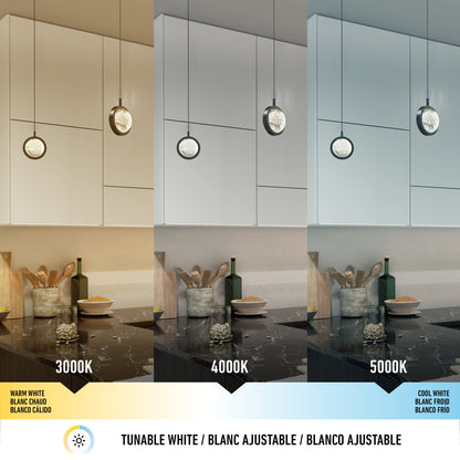 The Avalon LED 1-light pendant by Artika is shown in a kitchen under warm white (3000K), neutral white (4000K), and cool white (5000K) light, demonstrating how each lighting temperature changes the room’s look.