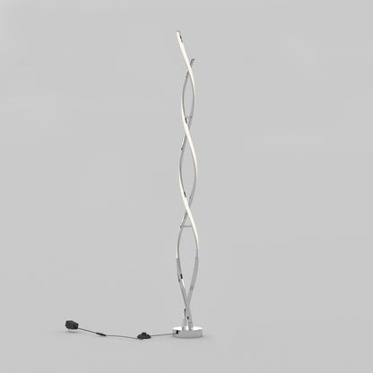 The Swirl modern LED floor lamp by Artika features two curved, intertwined LED light strips on a square metal base with a visible power cord and foot switch, displayed against a plain gray background.