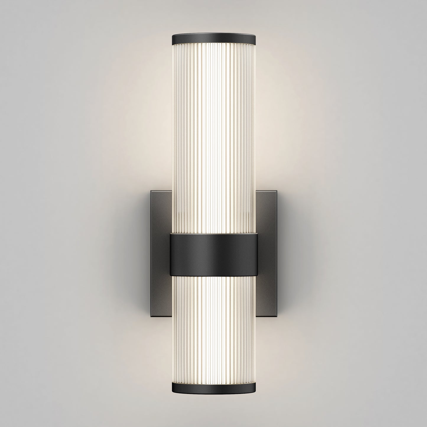 The Artika Mirado modern LED wall sconce 5 CCT features two vertically aligned frosted ribbed glass shades on a matte black square backplate, offering soft, even light and versatile style.