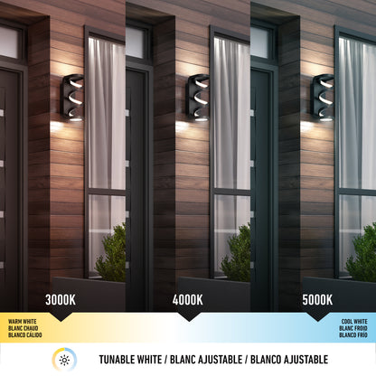 Artikas Swirl indoor-outdoor LED wall light is displayed beside a window, showing warm white (3000K), neutral white (4000K), and cool white (5000K) color temperatures to illustrate lighting effects on a modern exterior.