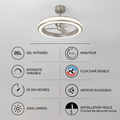 Edwin 25 in. (64 cm) LED modern fandelier ceiling fan with an integrated circular light and a grid of eight feature icons with French text.